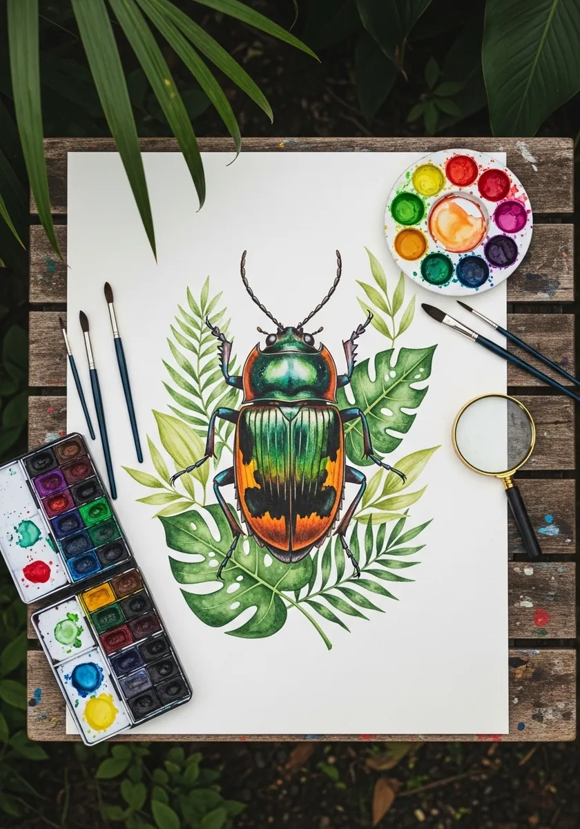 Watercolor green and orange beetle surrounded by tropical monstera leaves