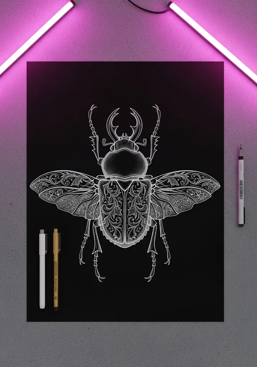 Ornate white line beetle with spread wings drawn on black paper under neon light