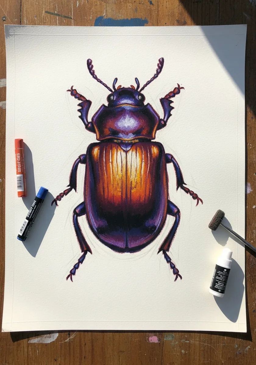 Soft chalk pastel beetle with a purple and orange gradient shell