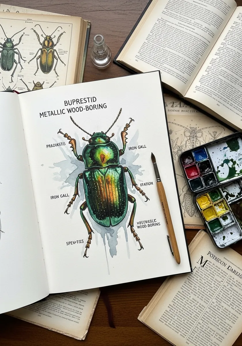 Scientific plate of a metallic green beetle with printed species labels around it