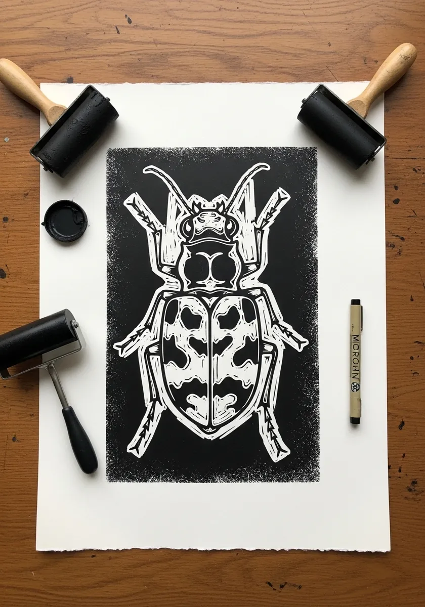Bold black and white lino print beetle with carved white line texture