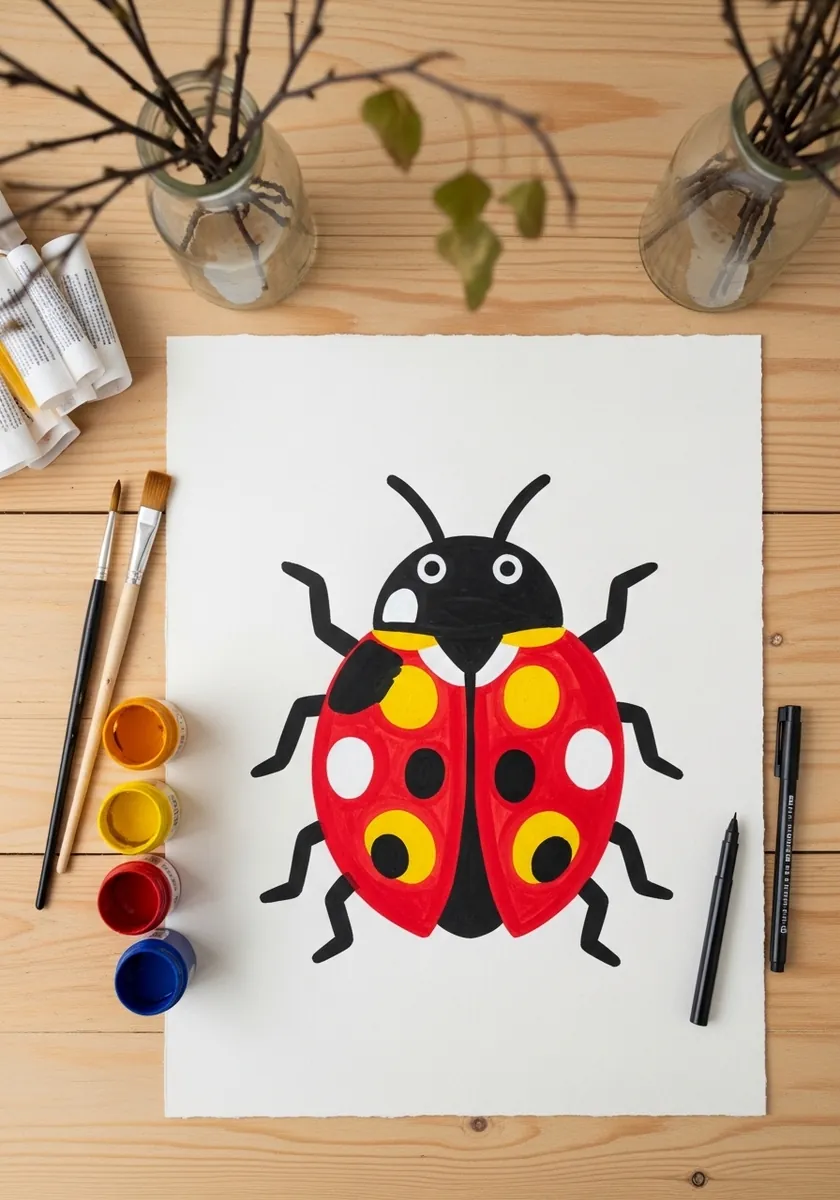 Simple bold ladybird beetle in red black and yellow flat poster paint