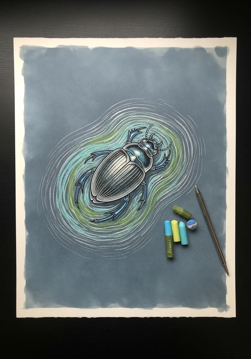 Pale beetle surrounded by concentric ripple lines on soft blue toned paper