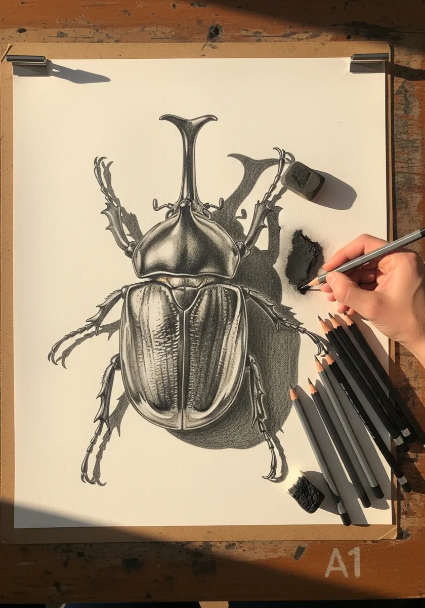 Detailed graphite rhinoceros beetle with a curved head horn and ridged elytra