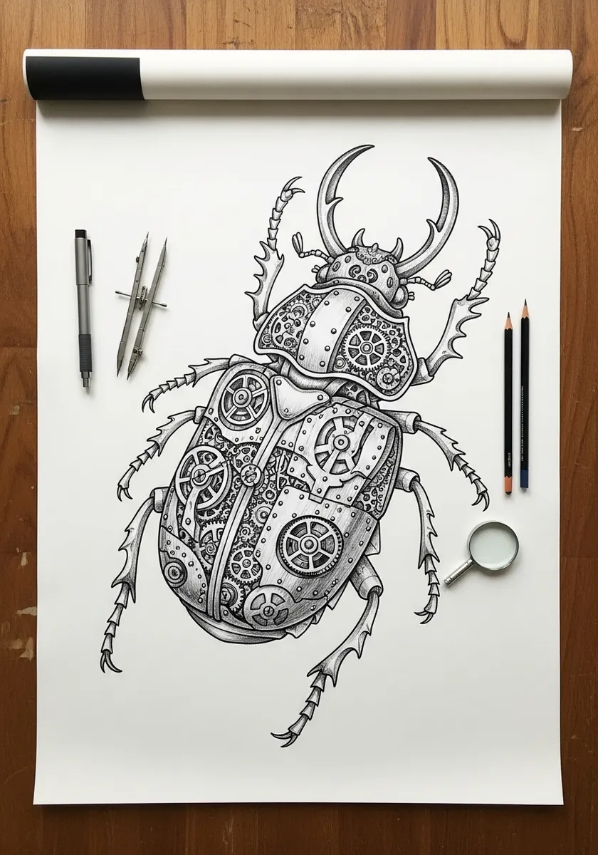 Fine ink steampunk beetle with gears and mechanical plates across its shell