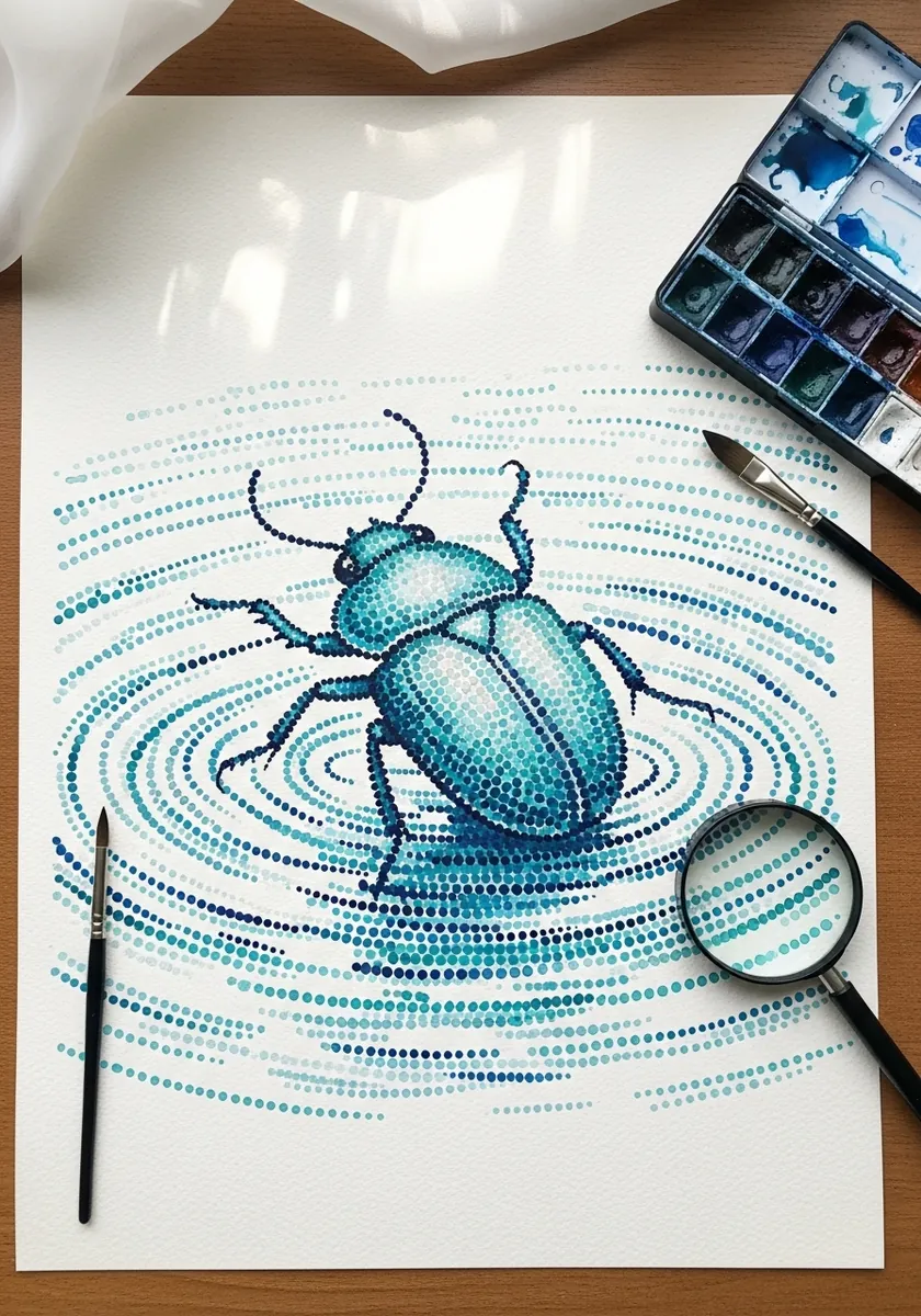 Teal and blue beetle built entirely from dots with concentric dotted rings
