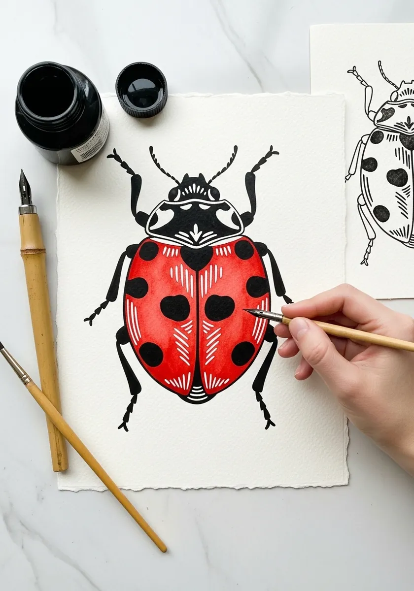 Bold red and black ladybird beetle with white pattern details on cream paper