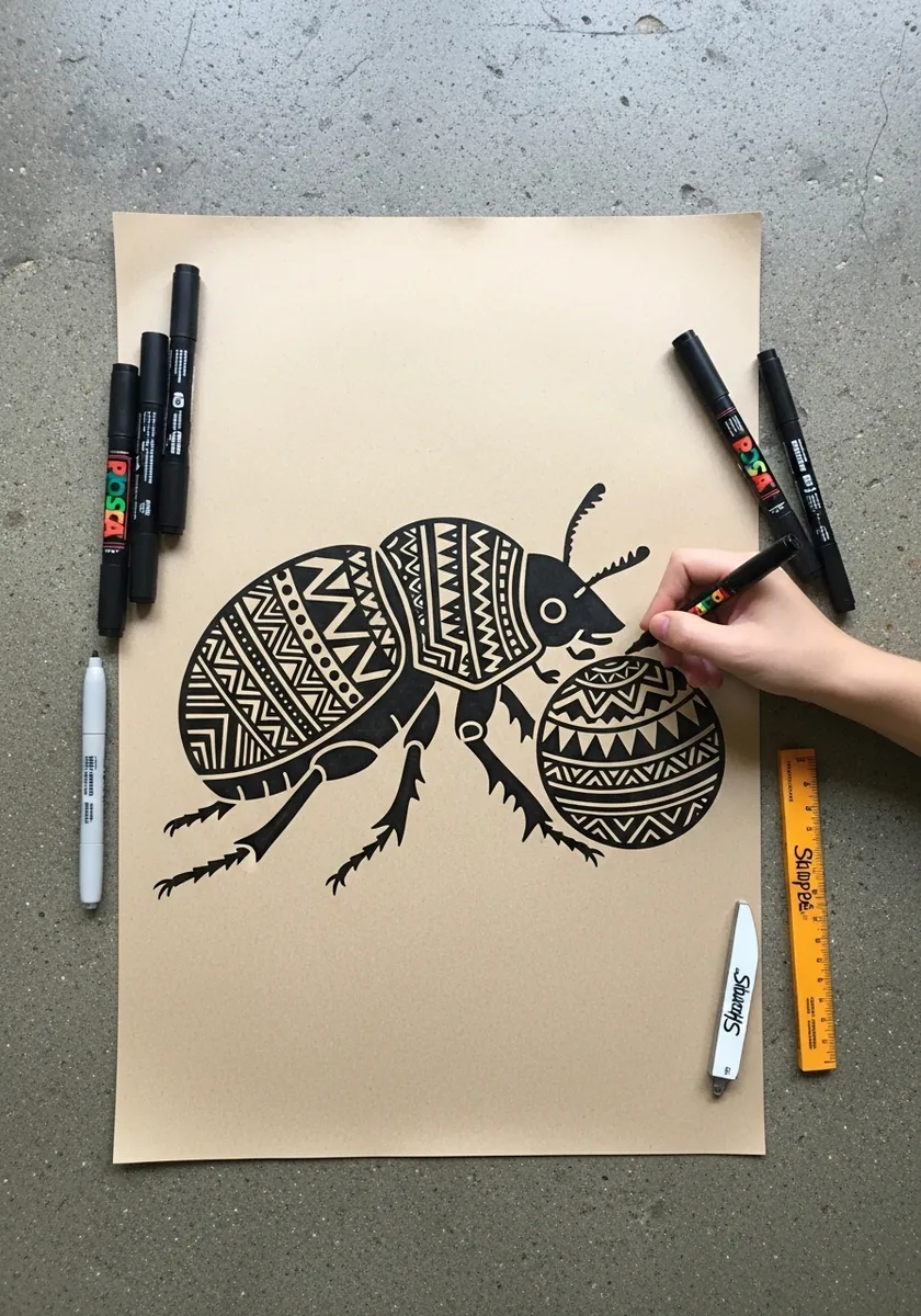 Bold black tribal patterned beetle drawn with markers on kraft paper