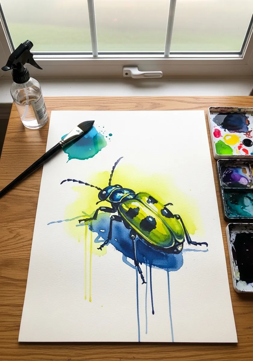 Loose blue and yellow watercolor beetle with wet edges and running drips