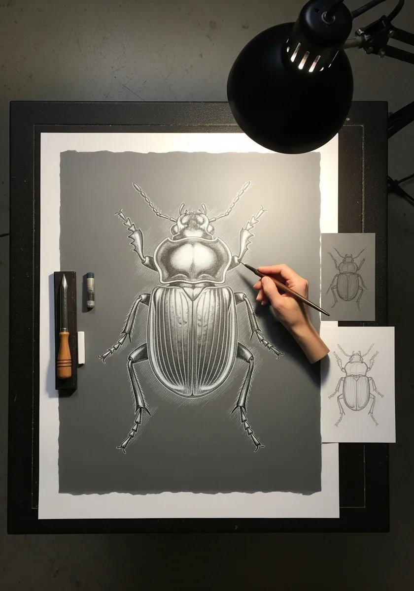 Detailed silver and white beetle drawn on mid gray toned paper