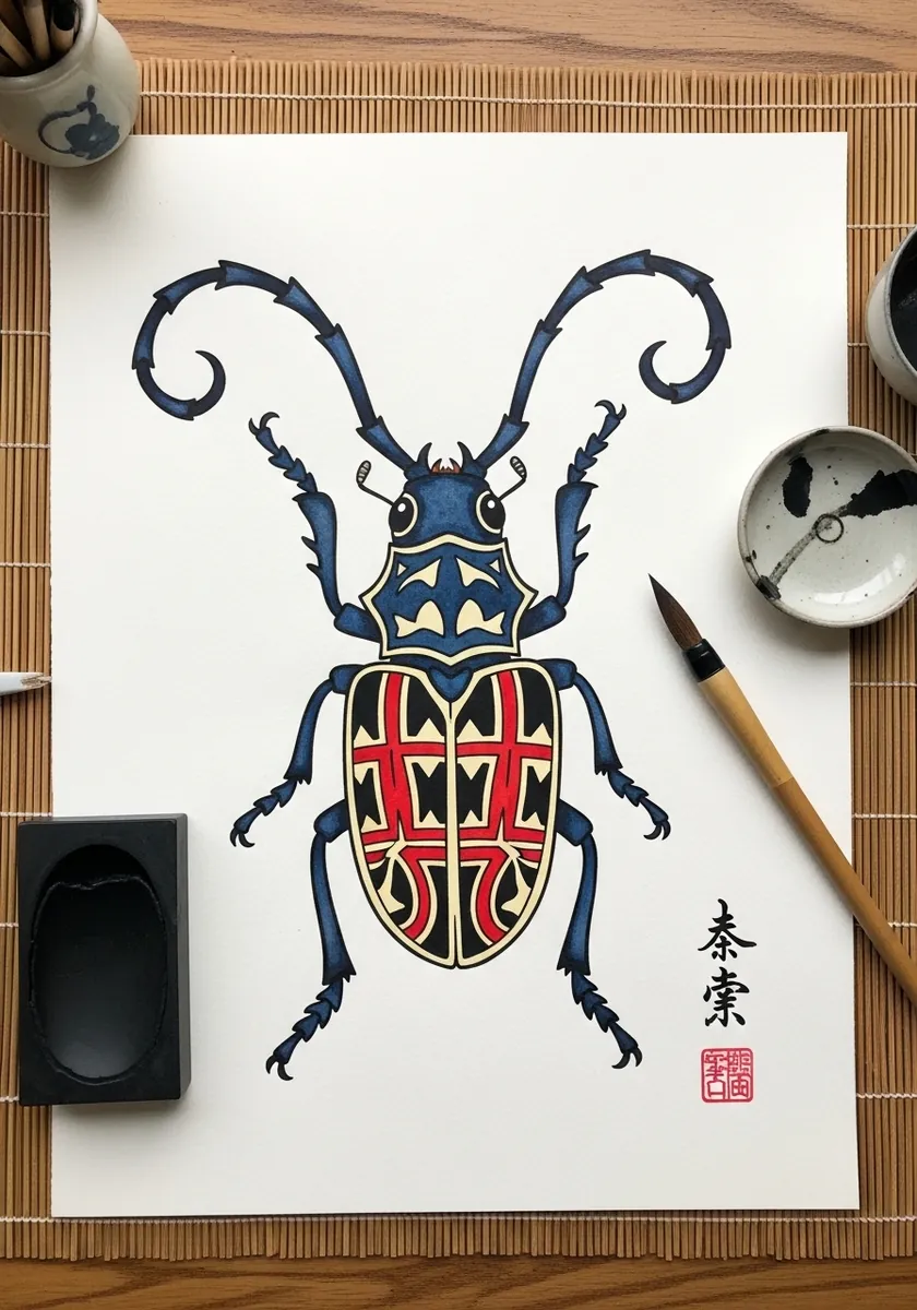 Japanese woodblock style longhorn beetle in blue red and cream with curled antennae