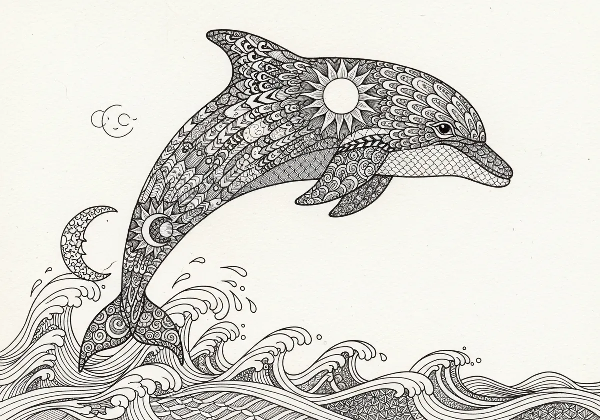 Zentangle dolphin filled with intricate patterns leaping over patterned waves