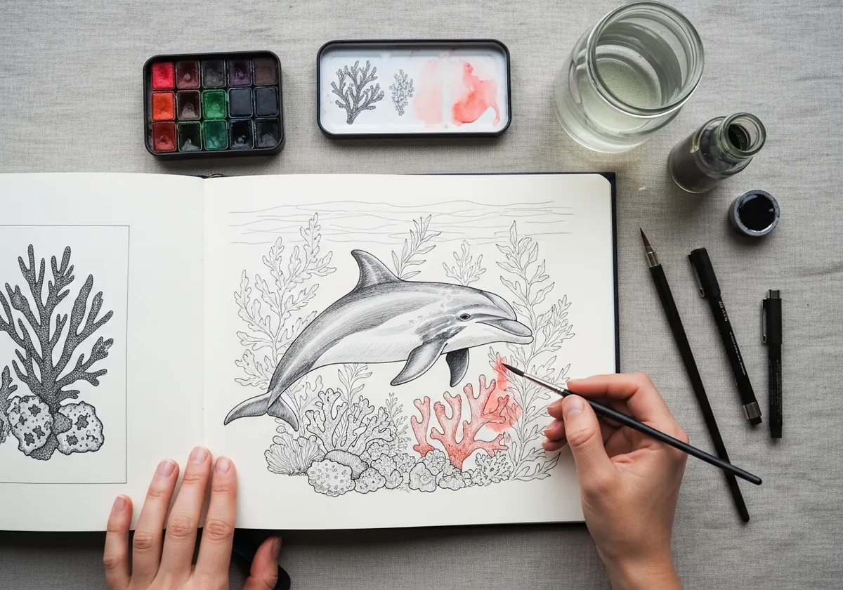 Pencil dolphin swimming through a coral reef with one coral painted in red