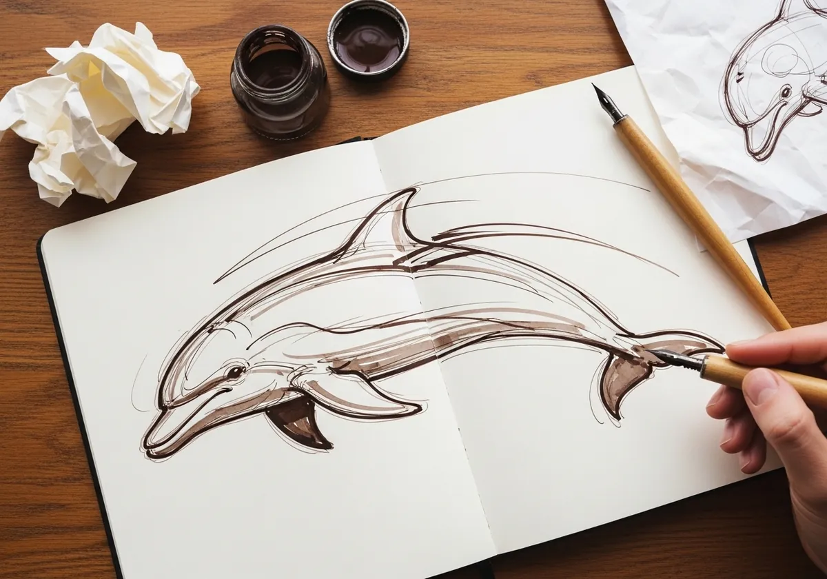 Quick loose brown ink gesture sketch of a dolphin with visible construction lines