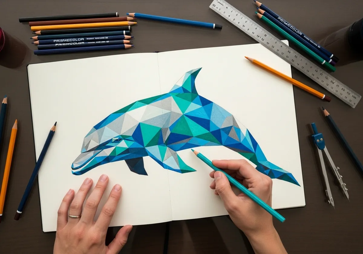 Low poly geometric dolphin made of blue teal and gray triangles