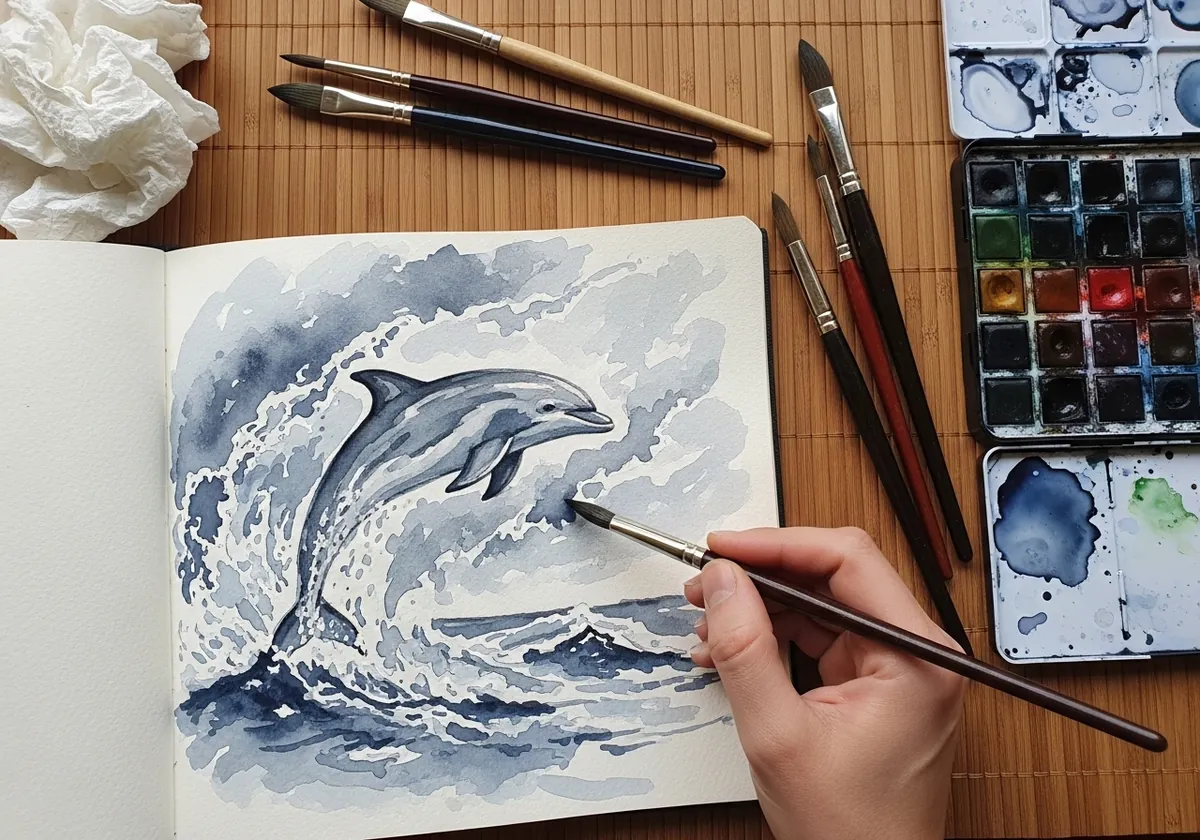 Monochrome gray watercolor dolphin leaping through a churning wave