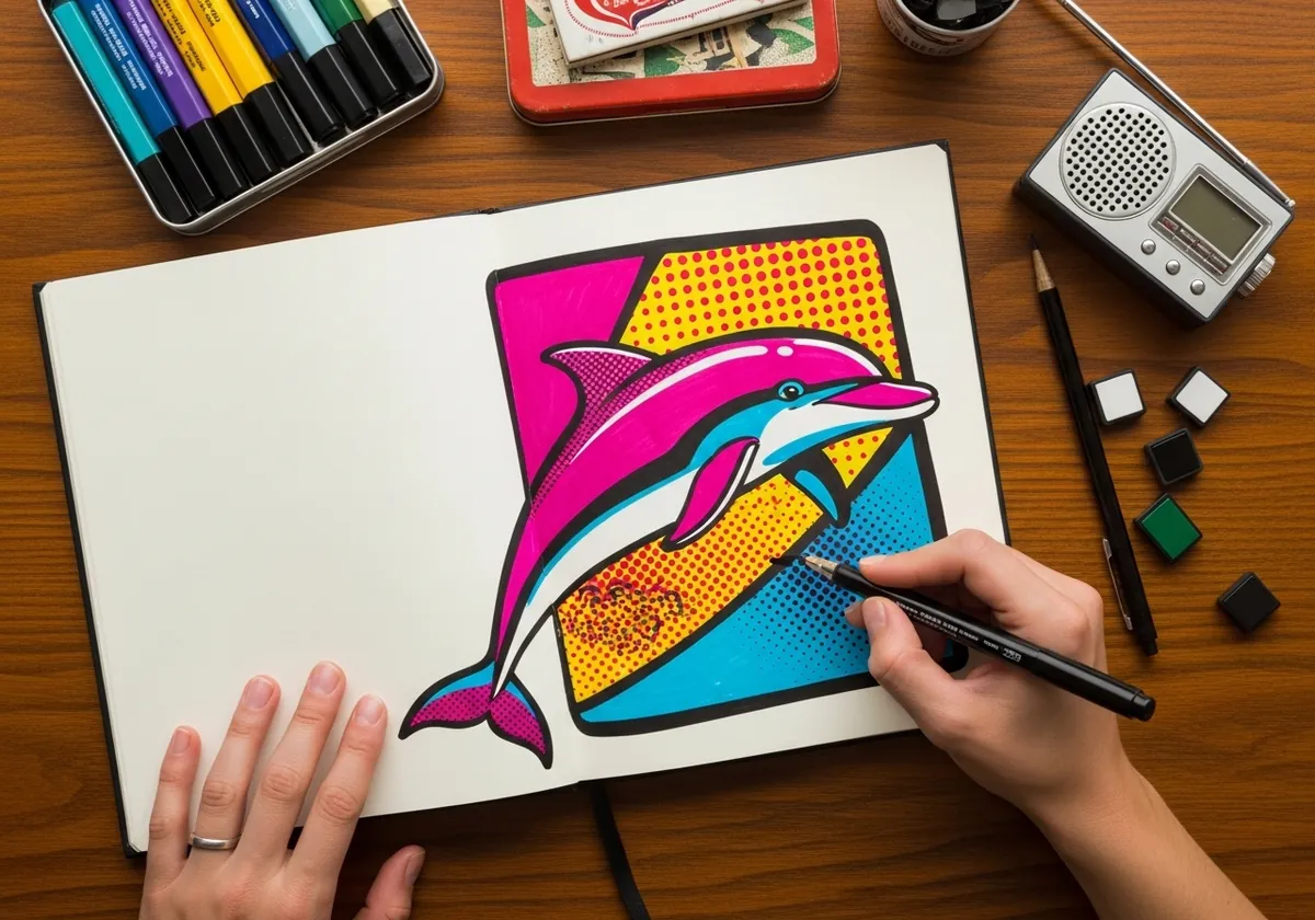 Pop art dolphin in magenta over blocks of cyan yellow and halftone dots
