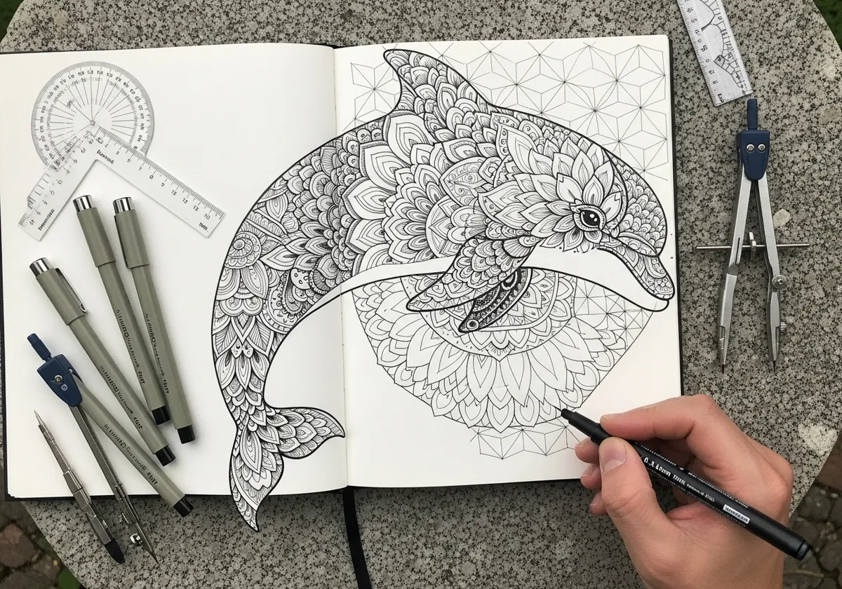 Dolphin filled with mandala patterns over a faint sacred geometry background