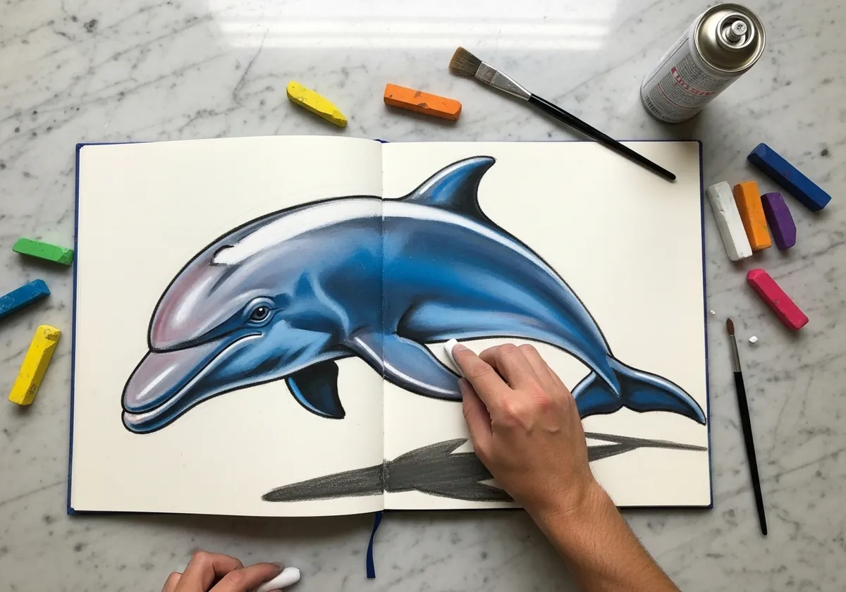 Smoothly airbrushed blue dolphin with a soft gray drop shadow on white
