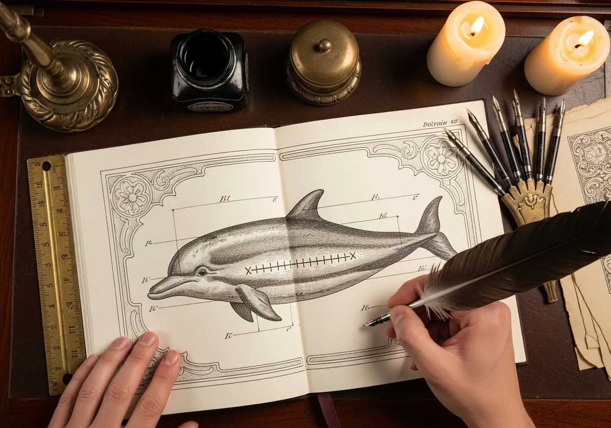 Vintage naturalist illustration of a dolphin with measurement marks on aged paper