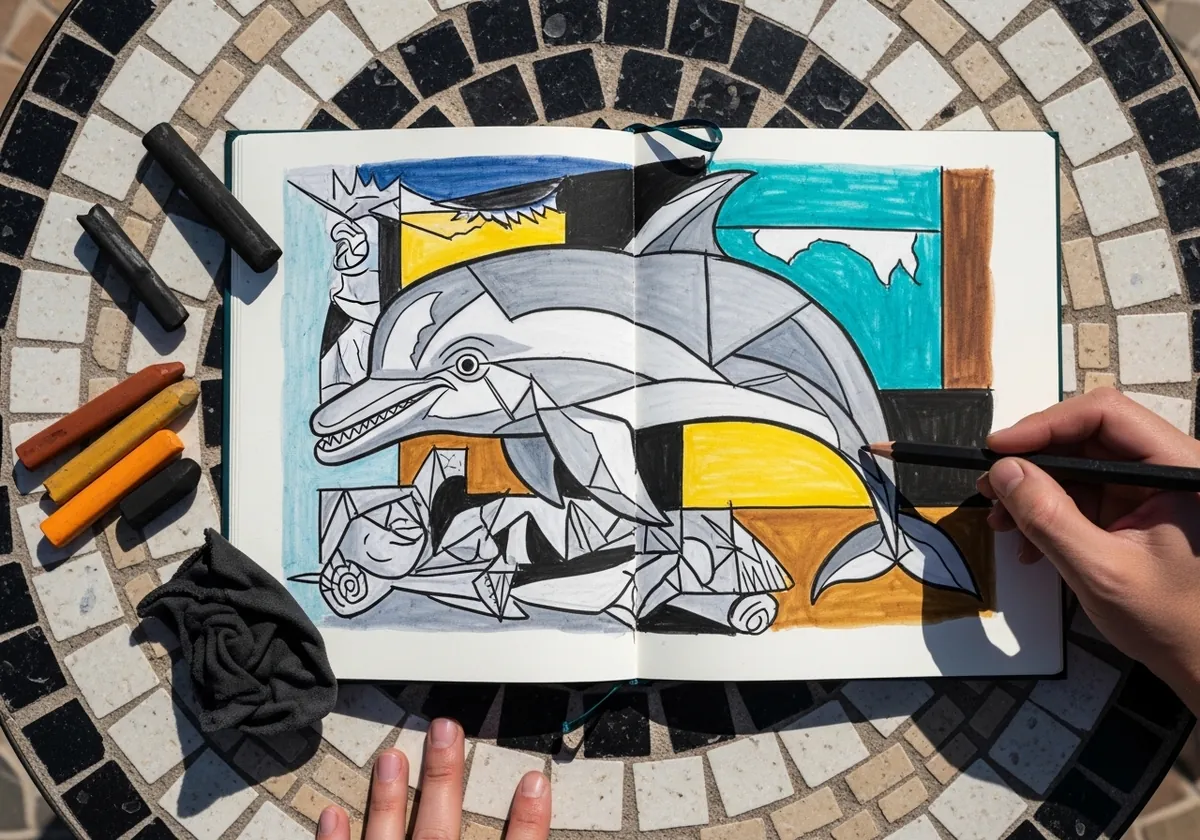Cubist dolphin broken into angular gray yellow and teal blocks