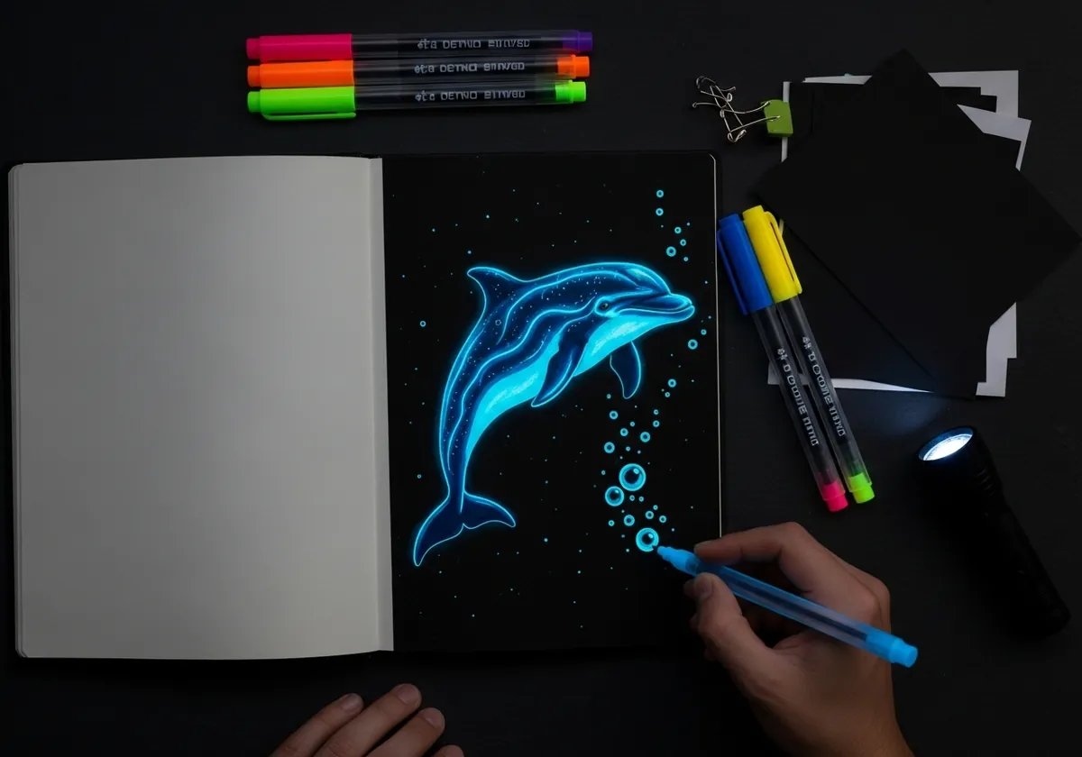 Neon blue dolphin glowing against black paper with bubbles trailing behind