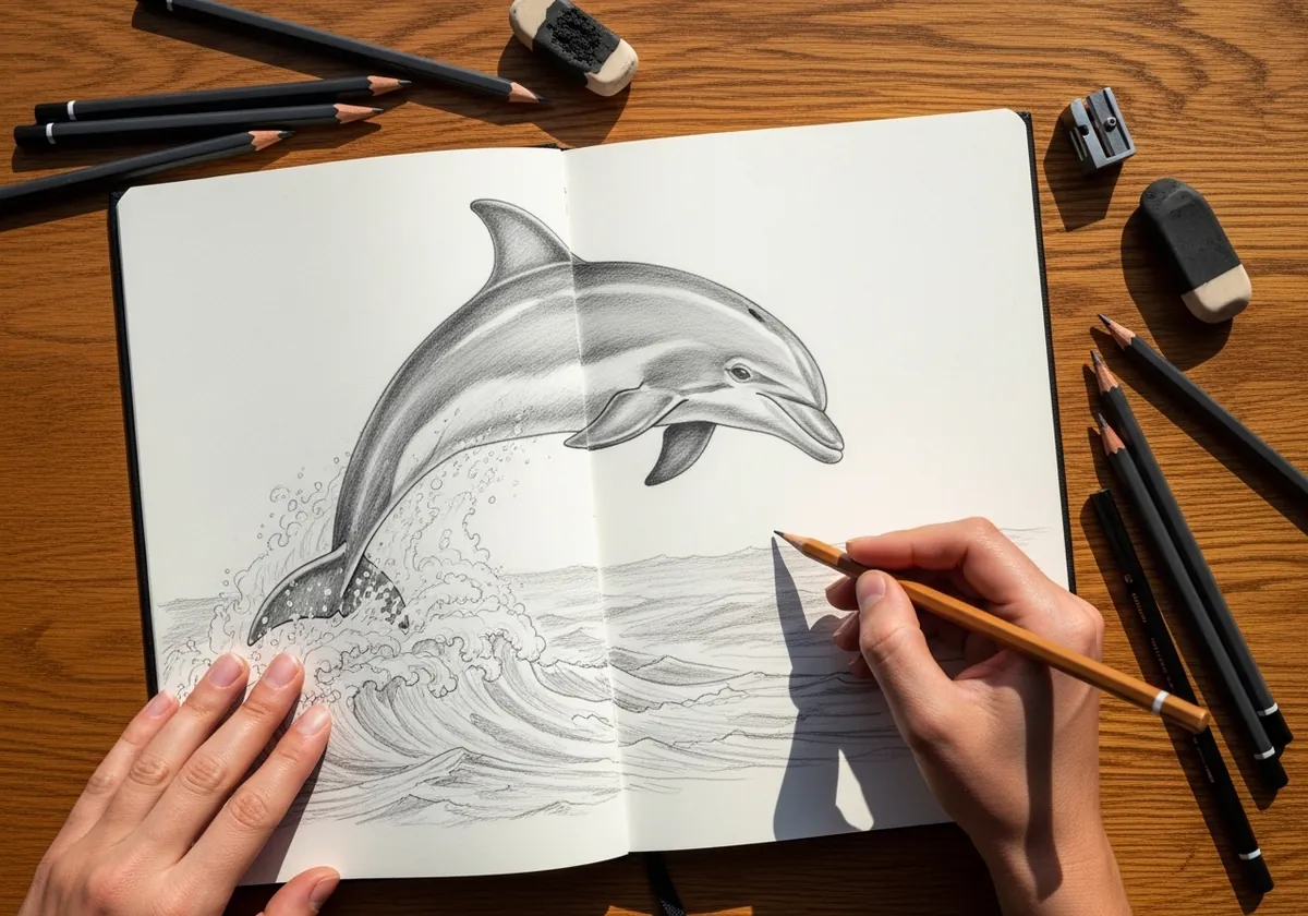 Realistic graphite pencil drawing of a dolphin leaping out of a breaking wave