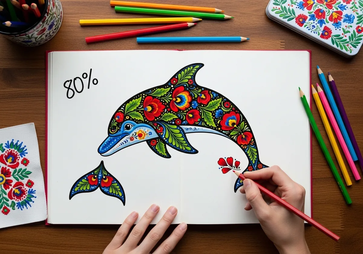 Folk art dolphin covered in red green and blue flower motifs
