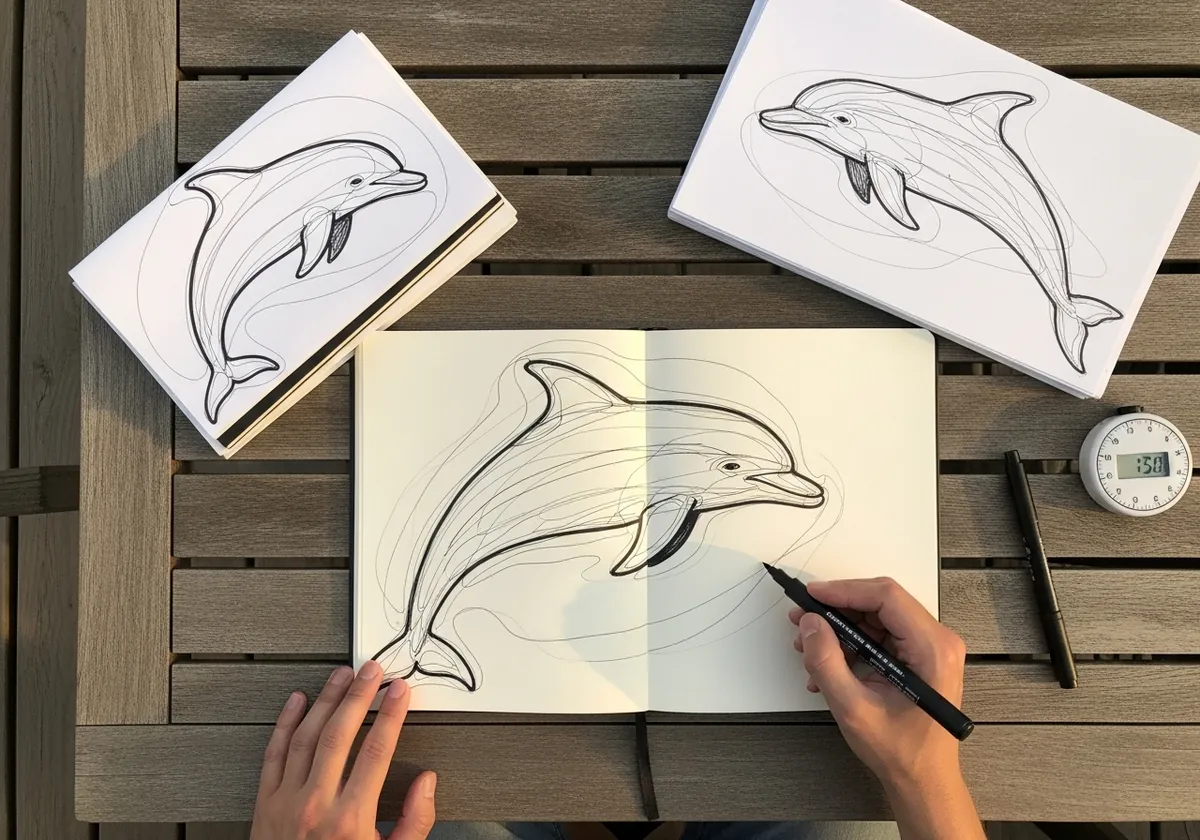 Pencil dolphin study showing the underlying construction circles and guidelines