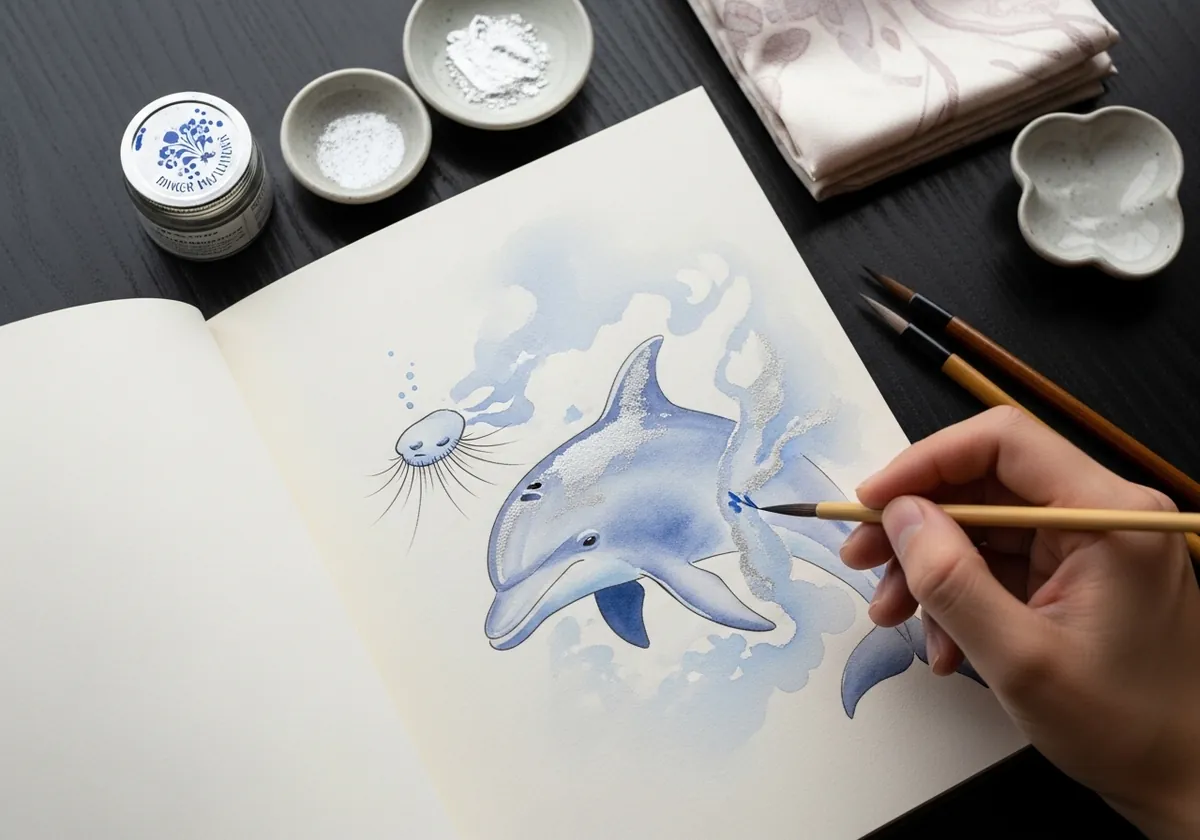 Delicate pale blue watercolor baby dolphin with soft washes and a tiny fish