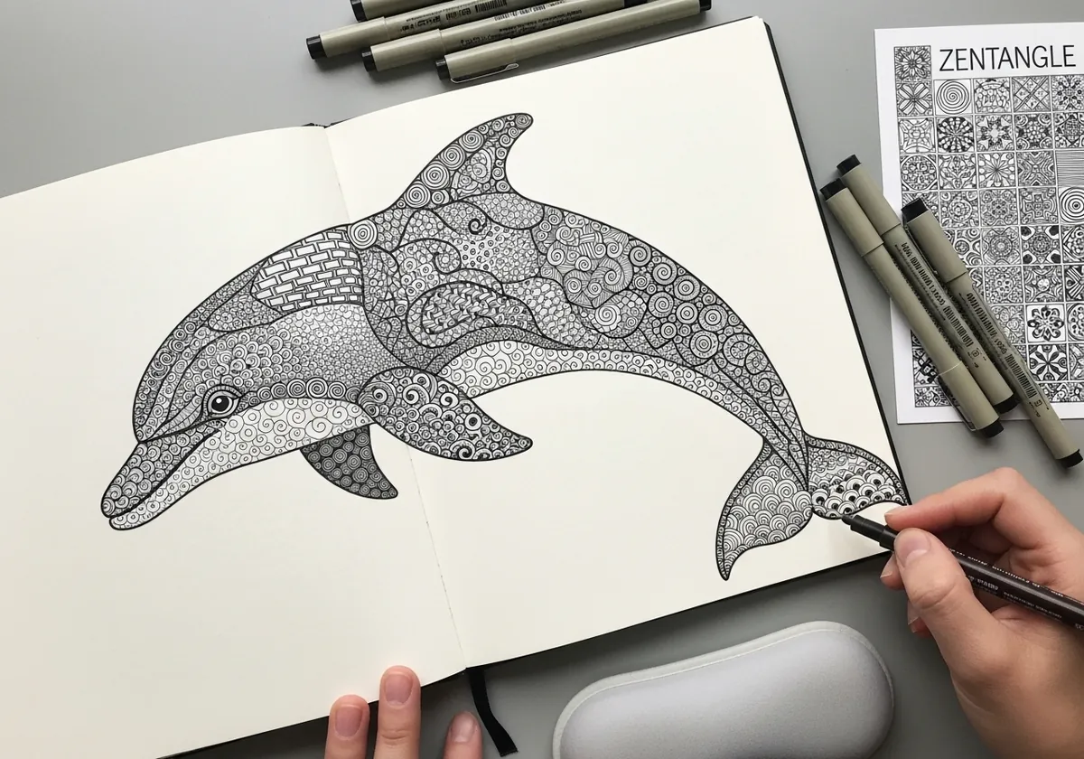 Dolphin covered in dense zentangle patterns of circles waves and scales