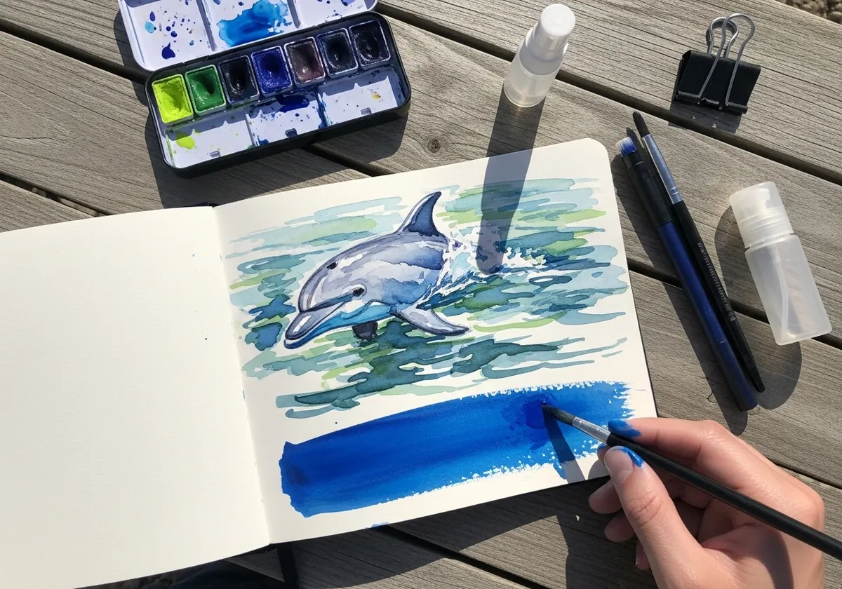 Quick plein air watercolor of a dolphin surfacing in green and blue water