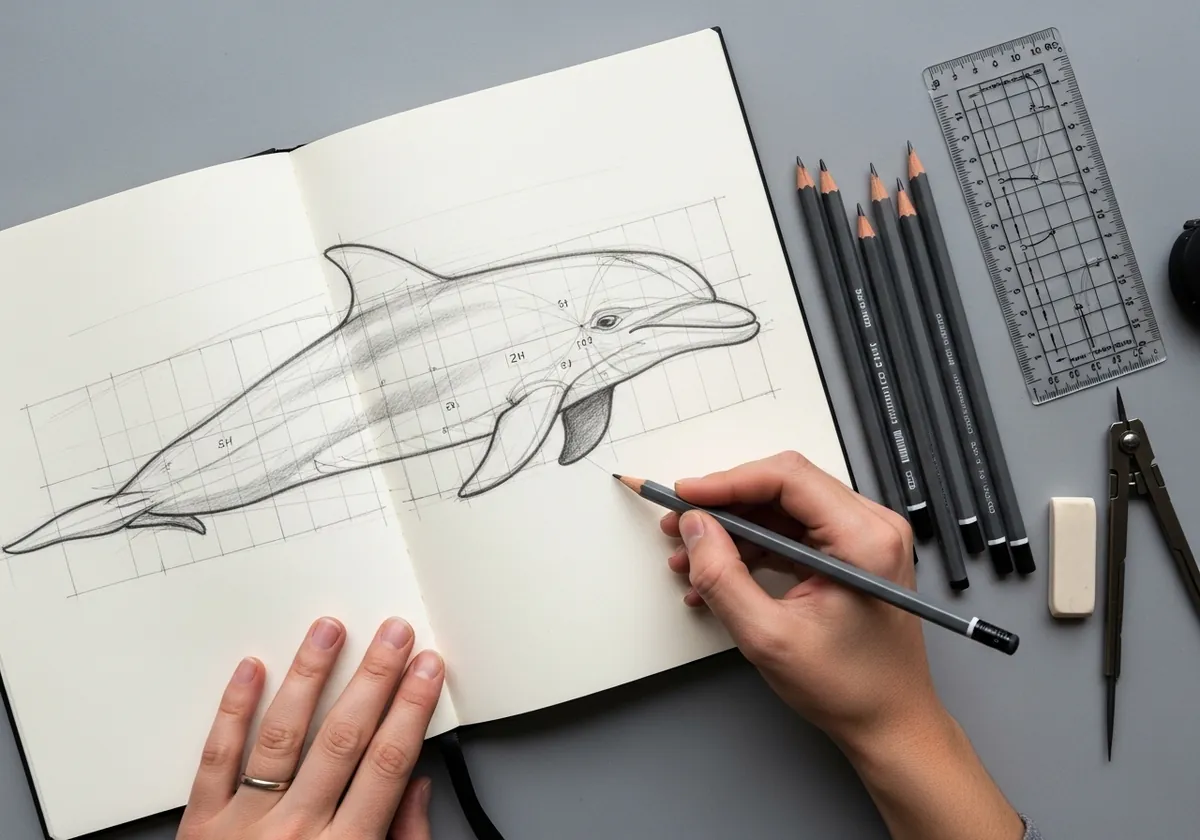 Pencil dolphin drawn over a measured proportion grid with notes
