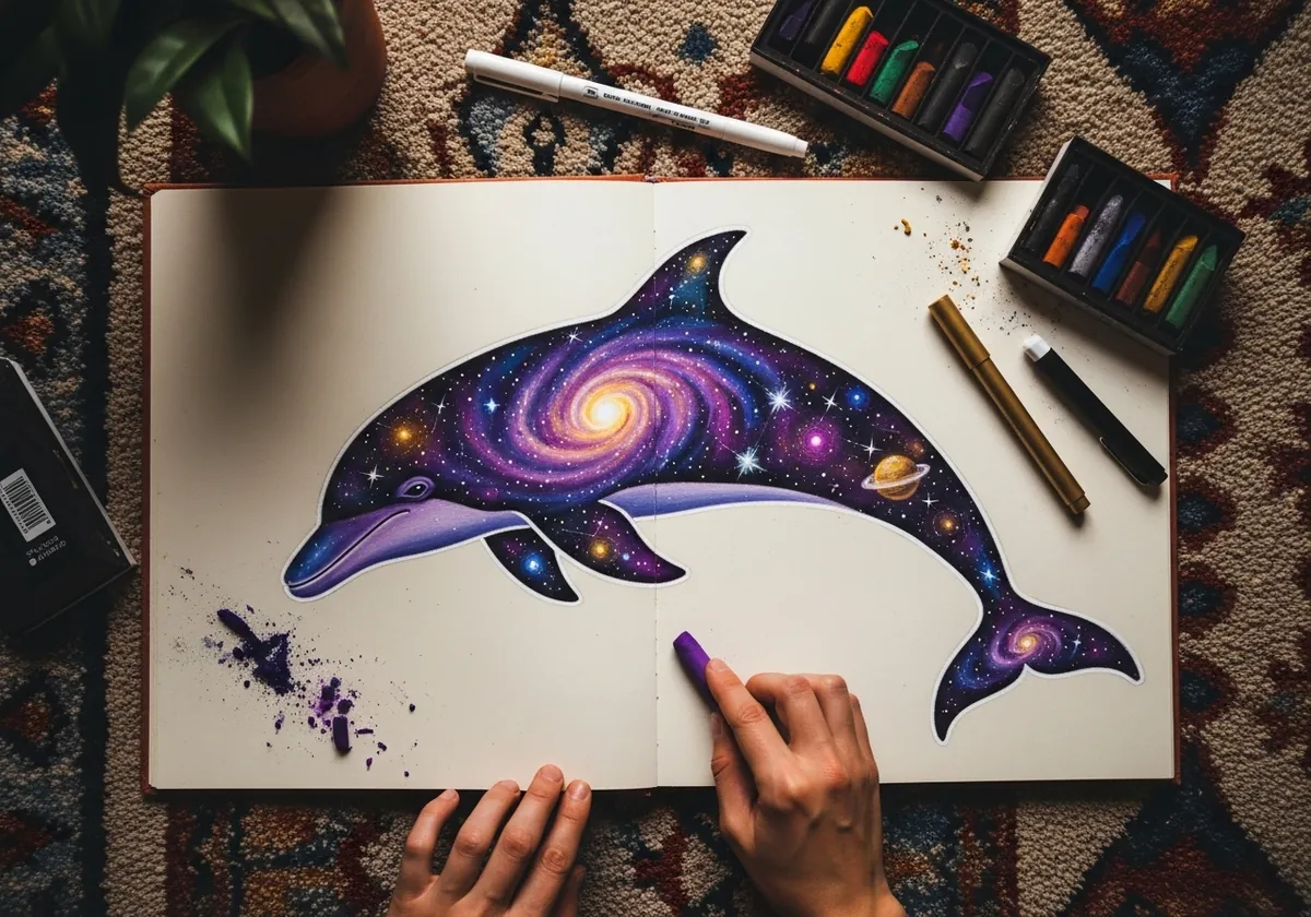 Dolphin filled with a purple galaxy spiral nebula and scattered stars