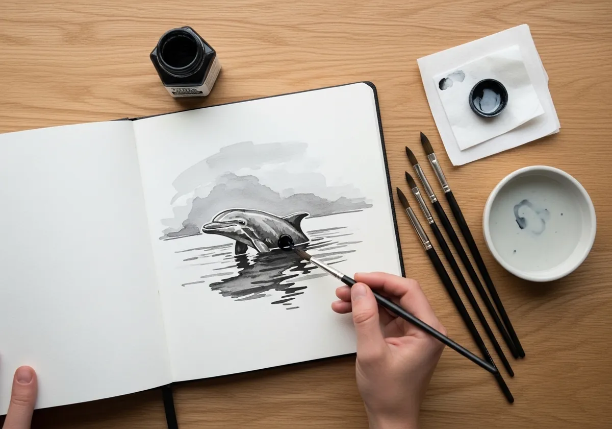 Minimal ink wash dolphin surfacing in still water with soft gray reflections
