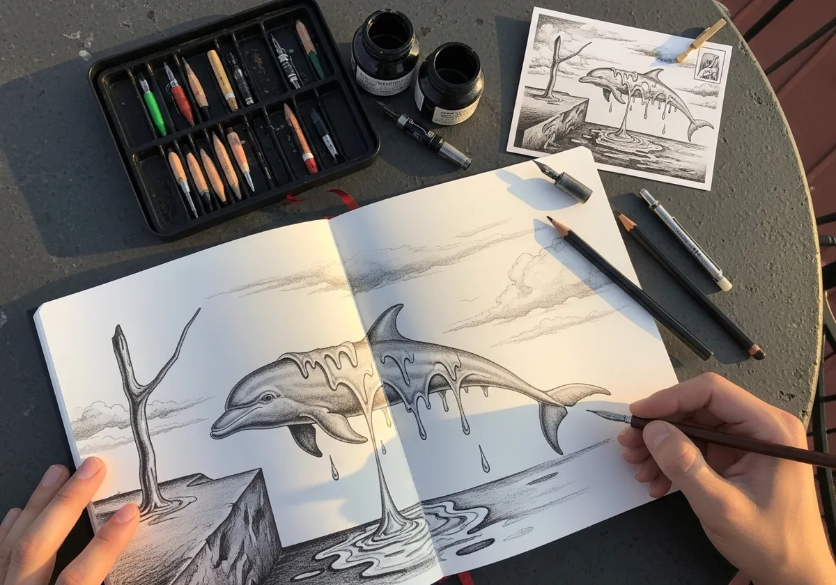 Surreal pencil drawing of a dolphin melting and dripping into water below