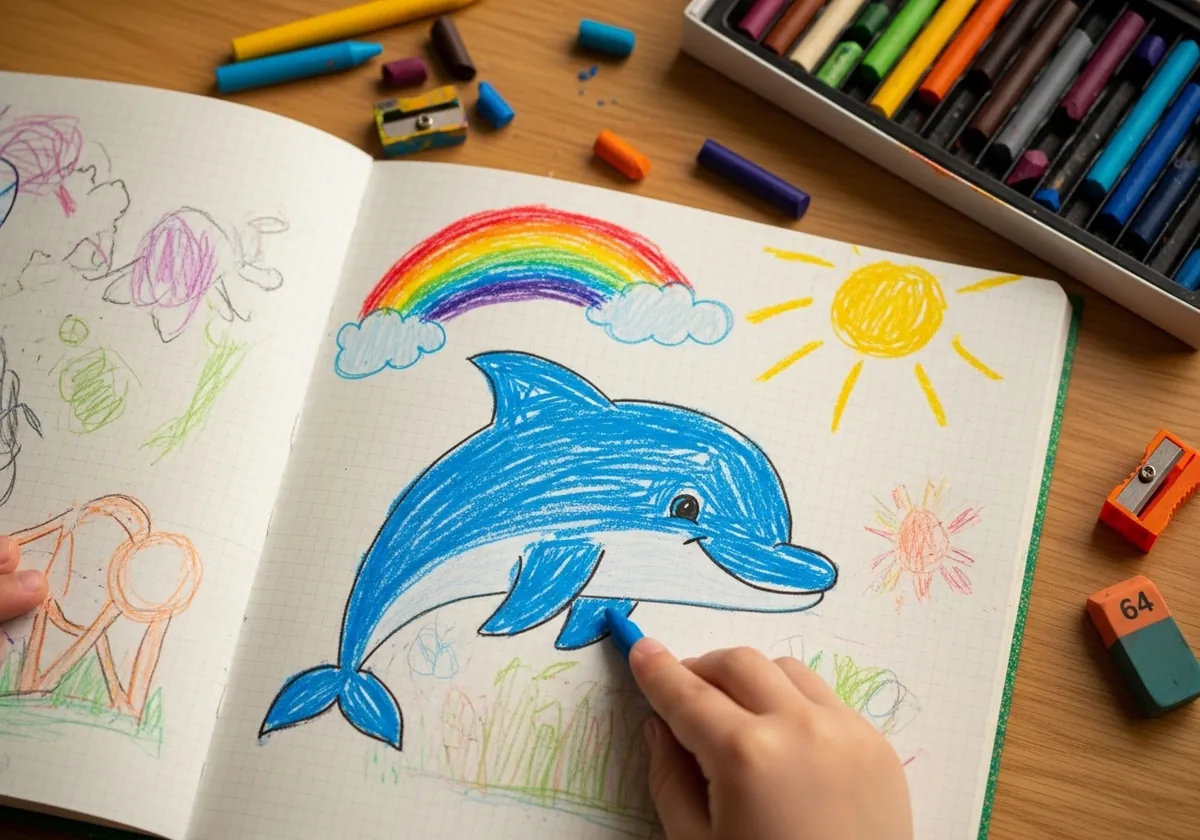 Child's crayon drawing of a blue dolphin with a rainbow and yellow sun