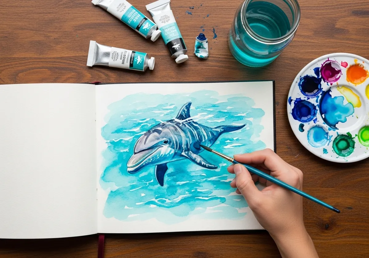 Loose turquoise watercolor dolphin swimming through soft blue washes