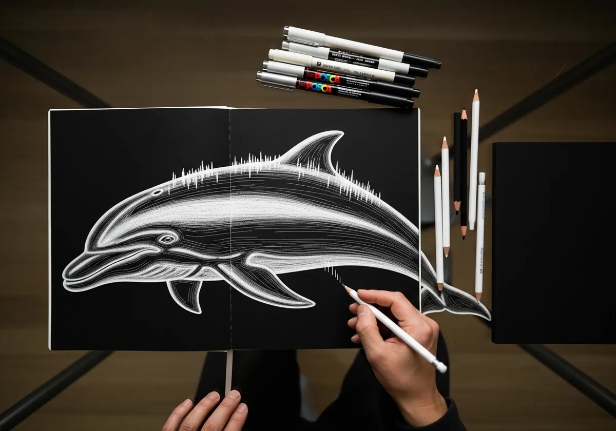 White pencil dolphin drawn on black paper with fine hatched highlights
