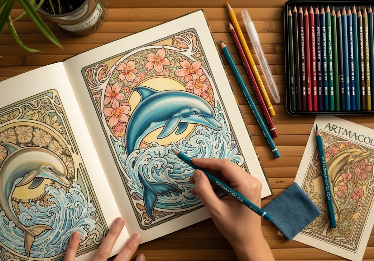 Art nouveau dolphin inside an ornate frame of pink blossoms and curling waves