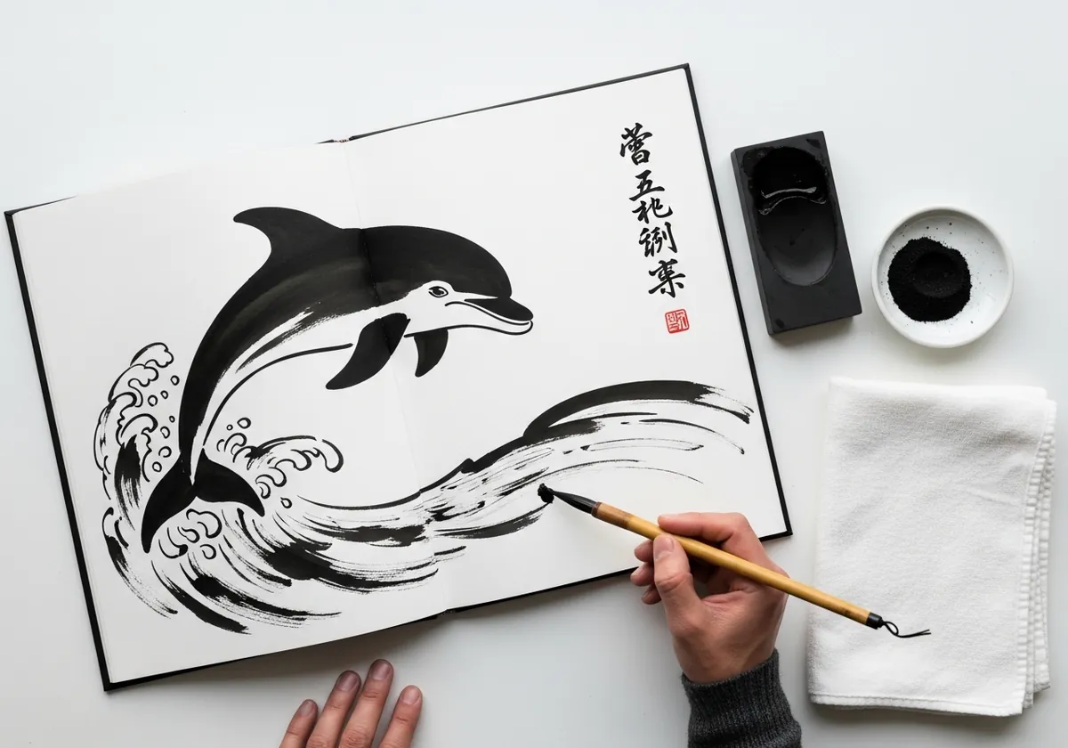 Black sumi-e brush ink dolphin leaping over a stylised ink wave