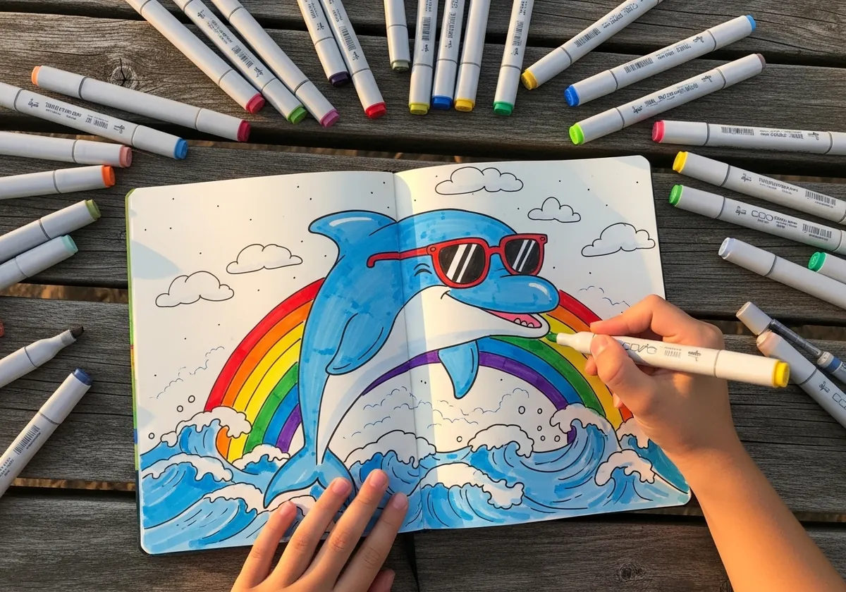 Cartoon dolphin wearing red sunglasses in front of a rainbow and blue waves