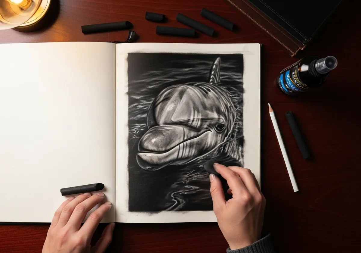 Charcoal drawing of a dolphin surfacing in dark rippling water