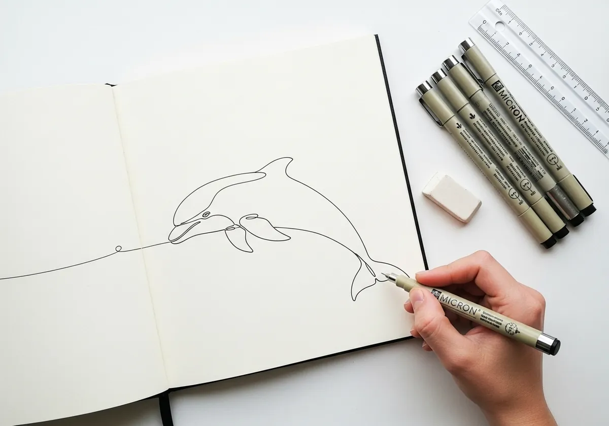 Continuous single line drawing of a leaping dolphin in black fineliner