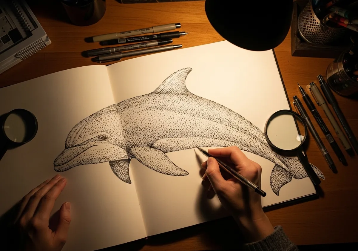 Dolphin drawn entirely from fine ink stippling with dense shadow areas