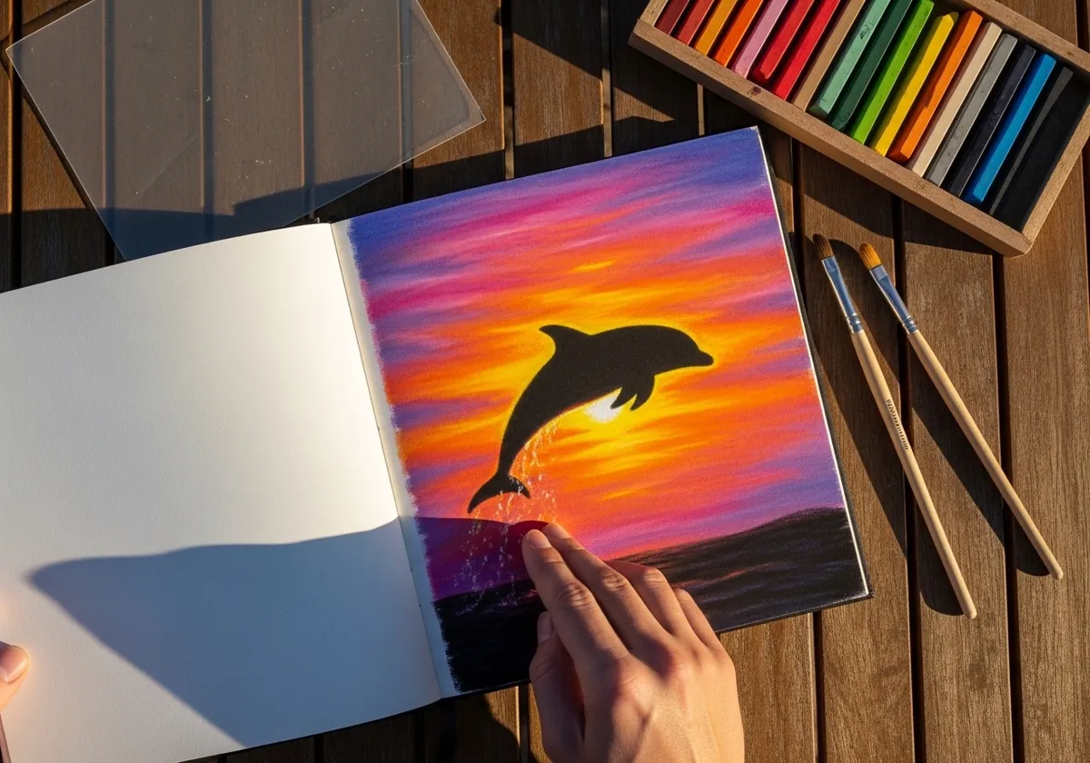 Soft pastel dolphin silhouette leaping against an orange and pink sunset
