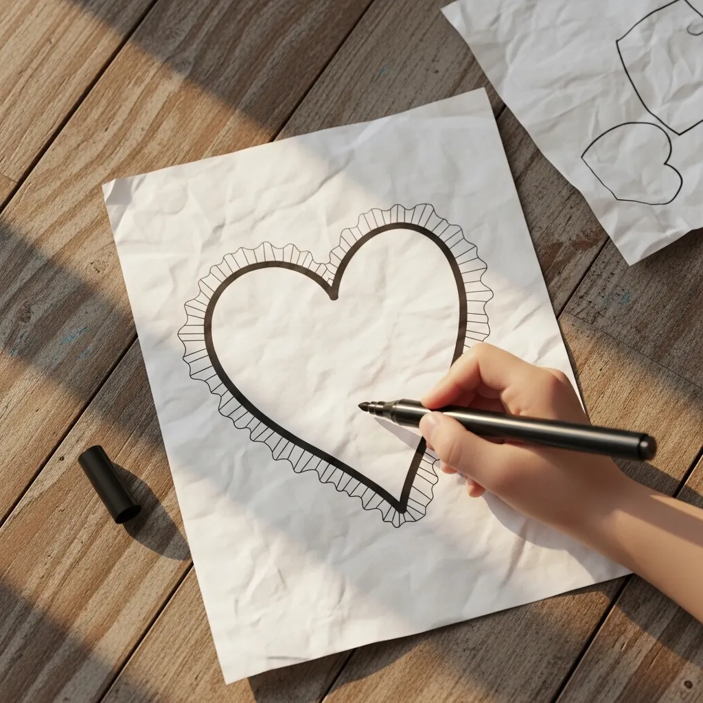 Child drawing a black outline heart with a zigzag decorative border