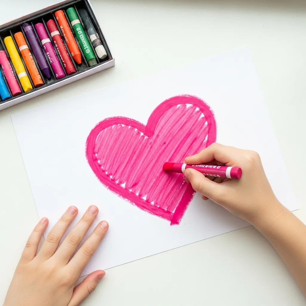 Child coloring a heart solidly with a hot pink marker
