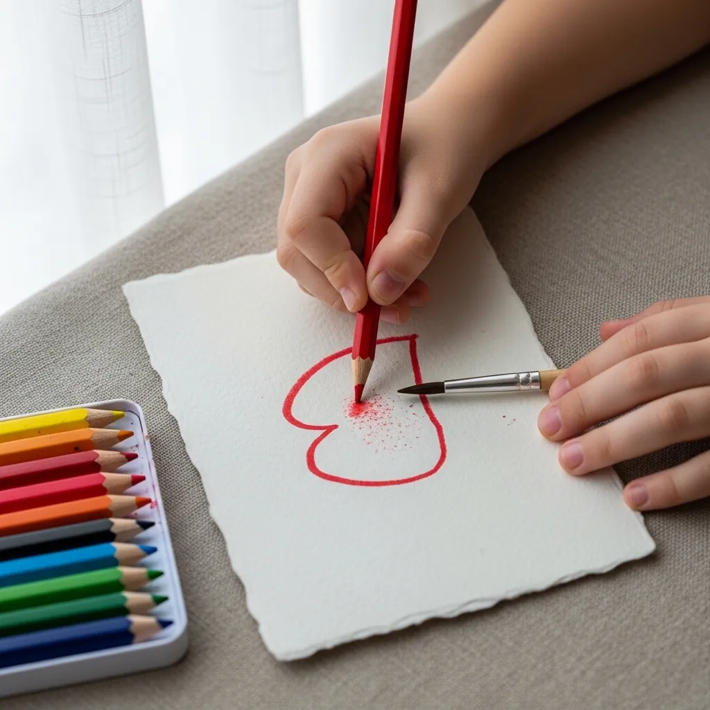 Child drawing a red heart filled with small dots and stipples