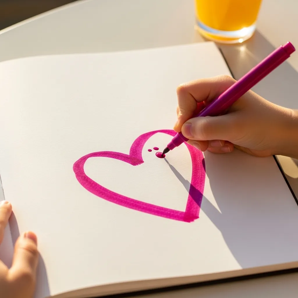 Child drawing a magenta heart with a brush tip pen